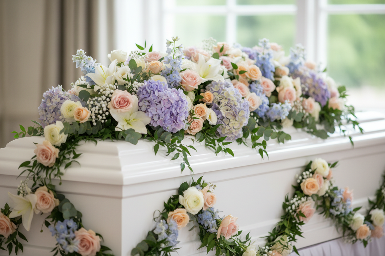 Maak een close up foto van een witte kist die versierd is met veel bloemen. De kleuren zijn pastel zacht. 